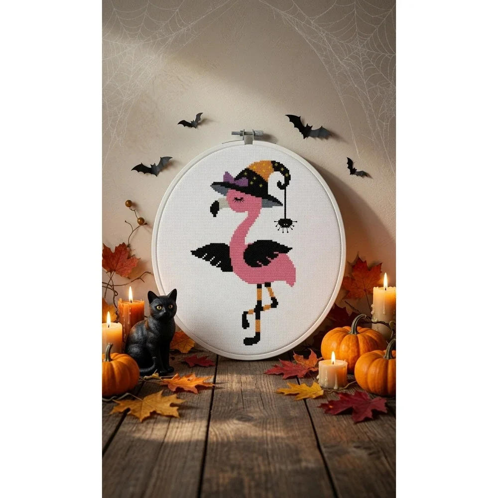 Halloween Flamingo Witch Funny Cross Stitch Pattern